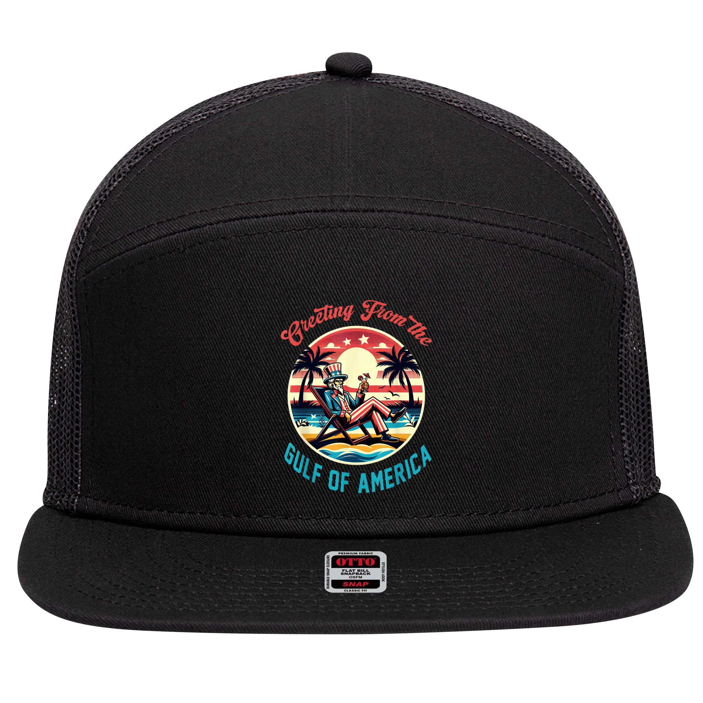 Greeting From The Gulf Of Usa America Trump Patriotic Gulf 7 Panel Mesh Trucker Snapback Hat