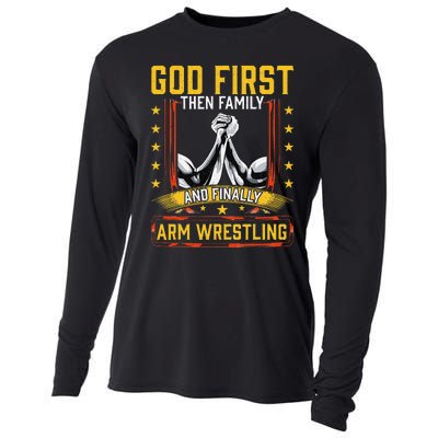 God First Then Family And Finally Arm Wrestling  Arm Muscle  Cooling Performance Long Sleeve Crew