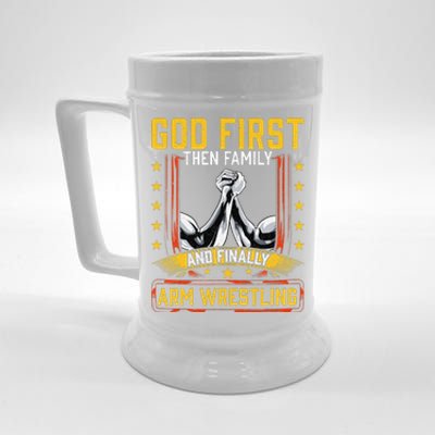 God First Then Family And Finally Arm Wrestling  Arm Muscle  Beer Stein