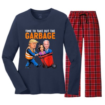 Garbage For Trump 2024 Funny Time To Take Out Garbage Biden Women's Long Sleeve Flannel Pajama Set 