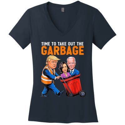 Garbage For Trump 2024 Funny Time To Take Out Garbage Biden Women's V-Neck T-Shirt