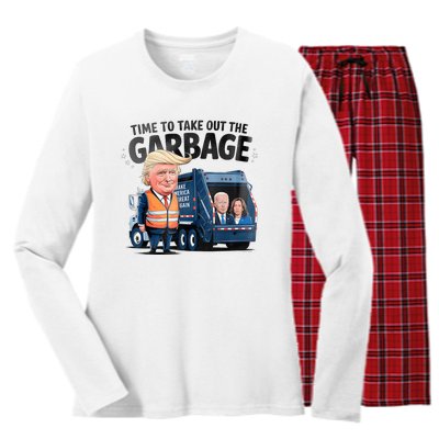 Garbage For Trump 2024 Funny Time To Take Out Garbage Biden Women's Long Sleeve Flannel Pajama Set 