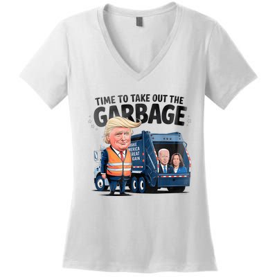 Garbage For Trump 2024 Funny Time To Take Out Garbage Biden Women's V-Neck T-Shirt