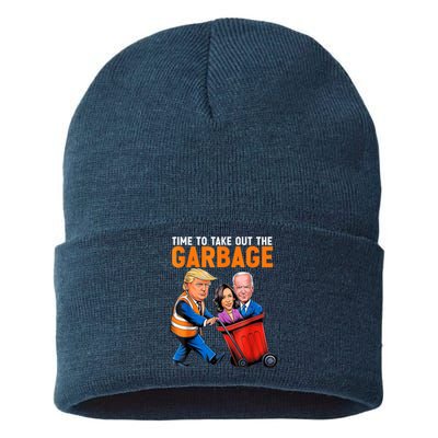 Garbage For Trump 2024 Funny Time To Take Out Garbage Biden Sustainable Knit Beanie