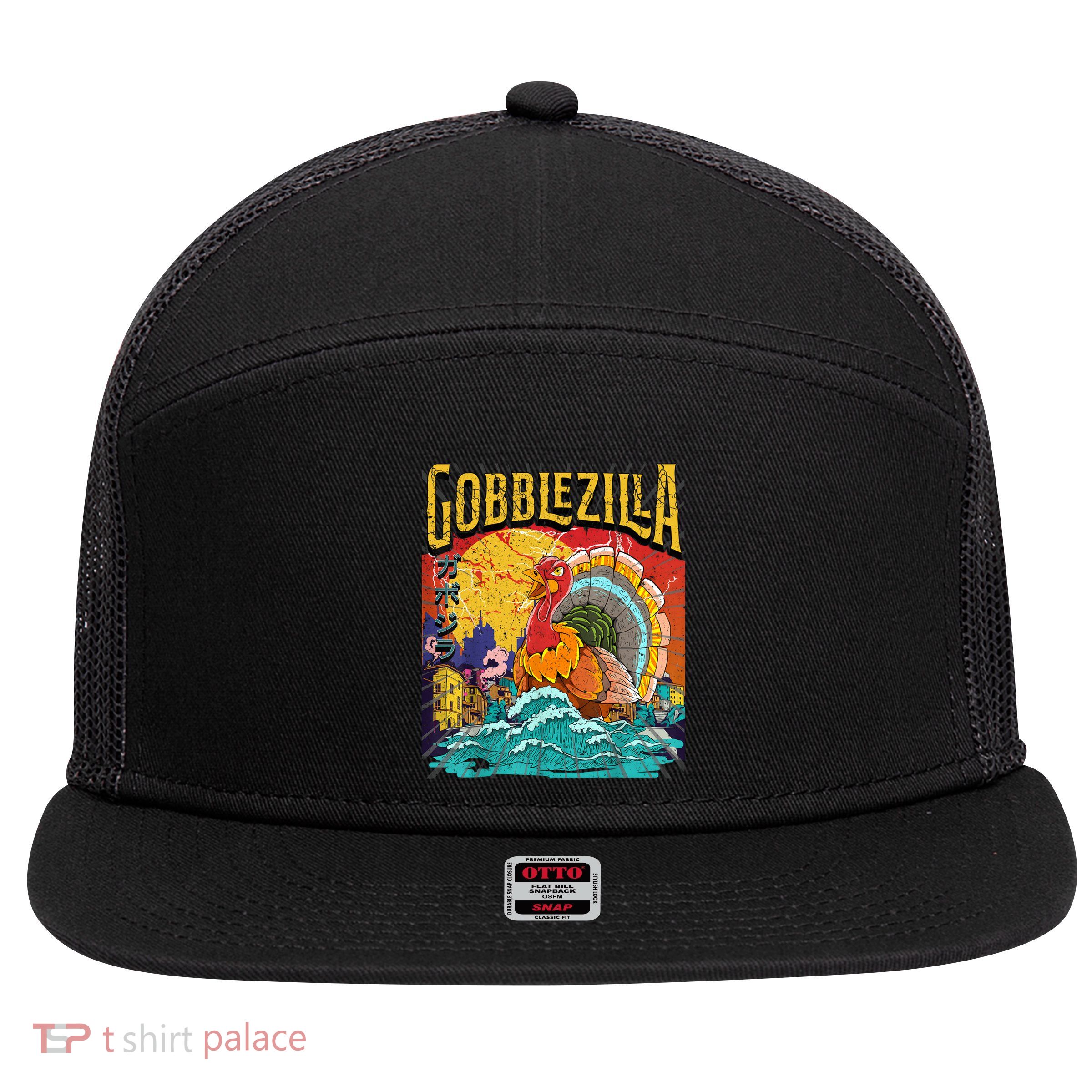 Gobblezila Funny Thanksgiving Monster Movie Spoof 7 Panel Mesh Trucker Snapback Hat