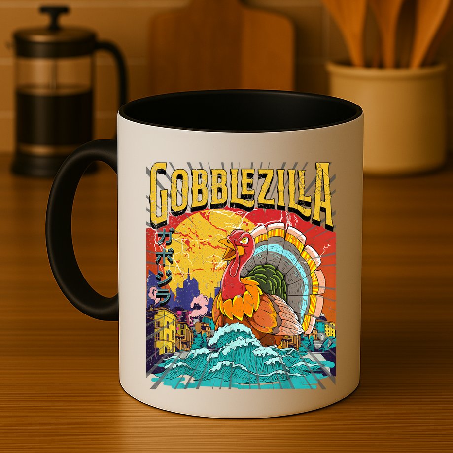 Gobblezila Funny Thanksgiving Monster Movie Spoof Mug