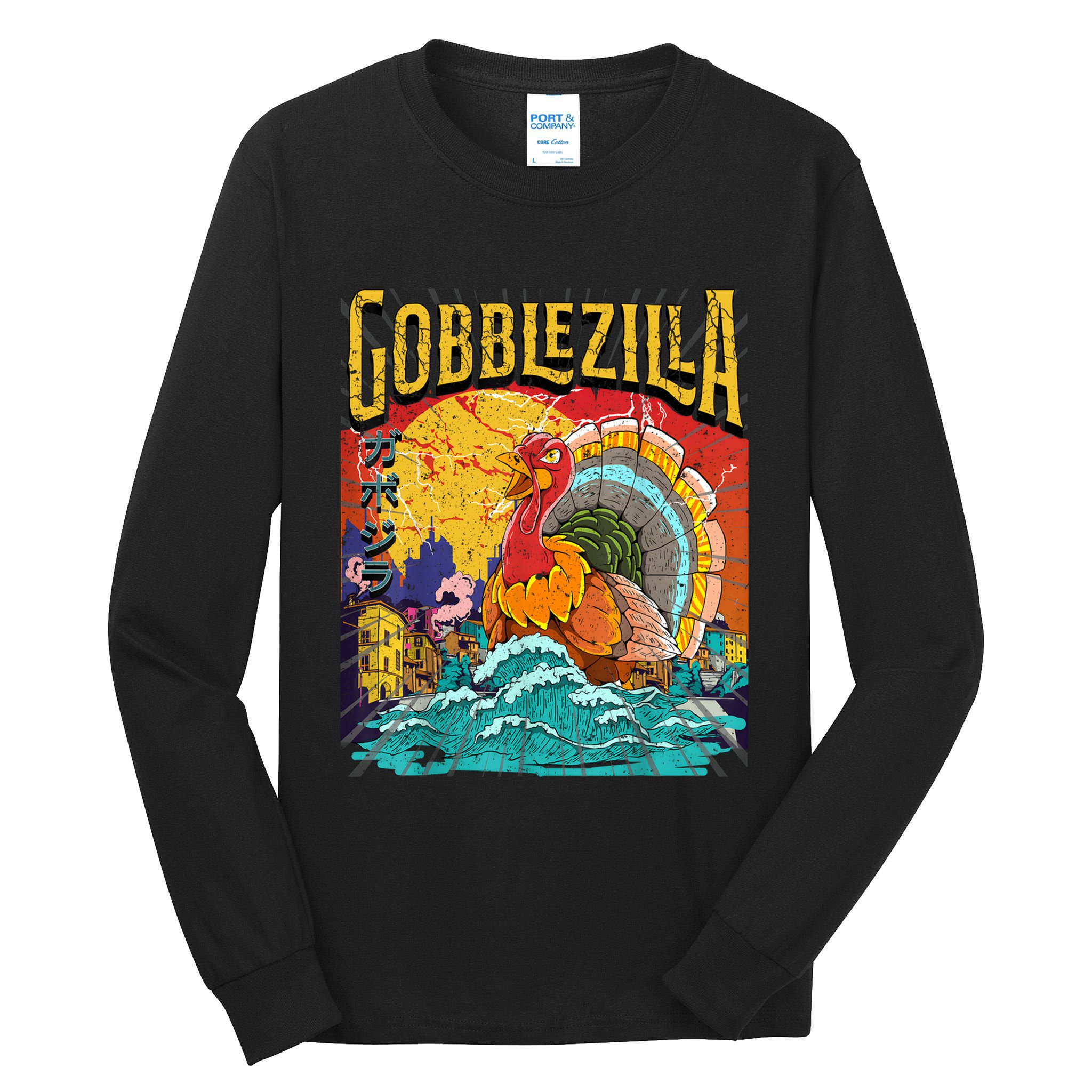 Gobblezila Funny Thanksgiving Monster Movie Spoof Tall Long Sleeve T-Shirt