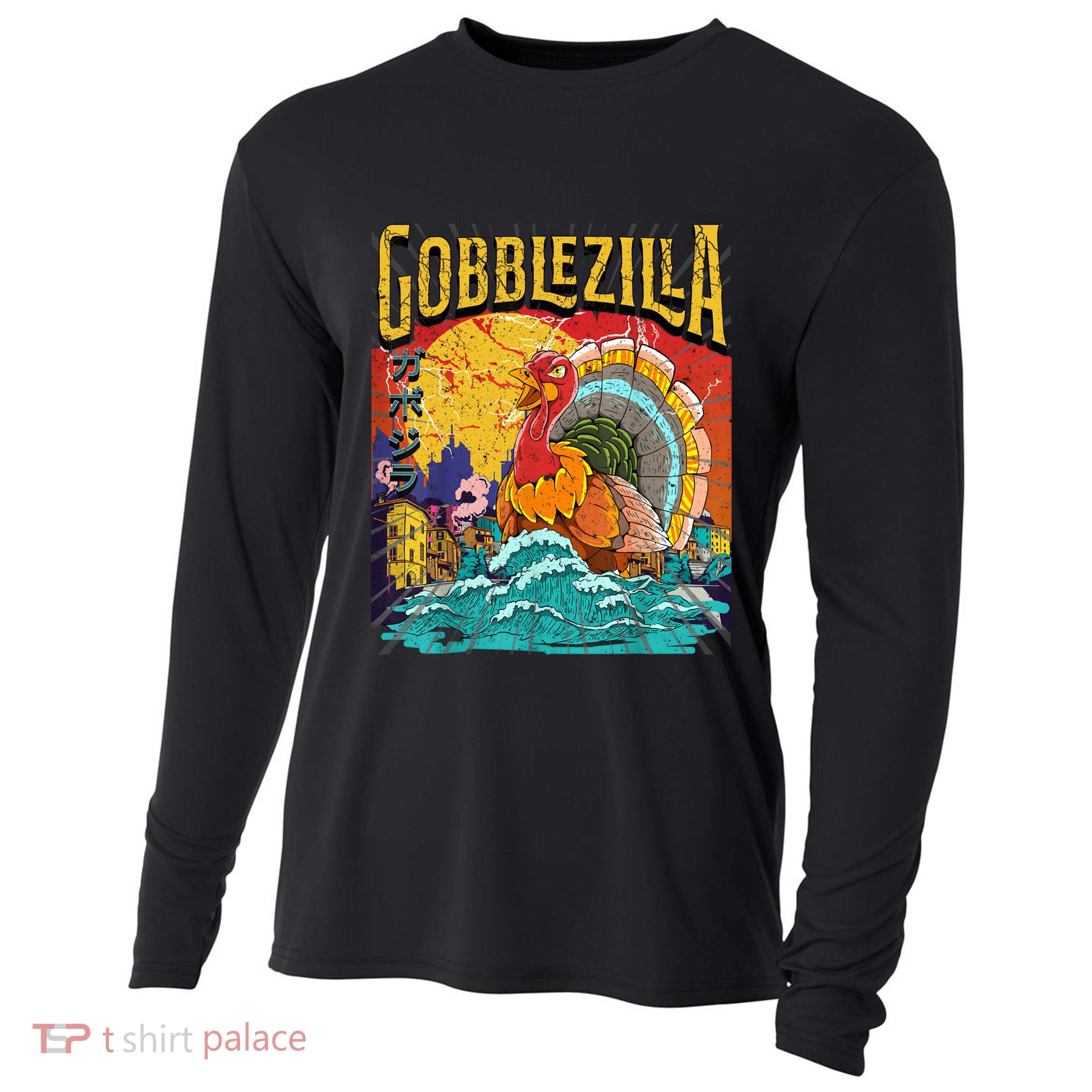 Gobblezila Funny Thanksgiving Monster Movie Spoof Cooling Performance Long Sleeve Crew