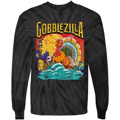 Gobblezila Funny Thanksgiving Monster Movie Spoof Tie-Dye Long Sleeve Shirt