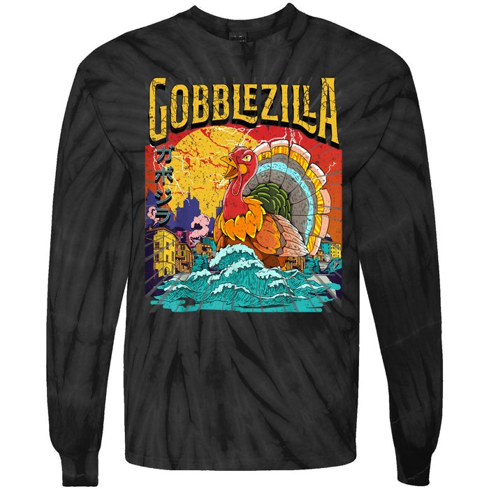 Gobblezila Funny Thanksgiving Monster Movie Spoof Tie-Dye Long Sleeve Shirt