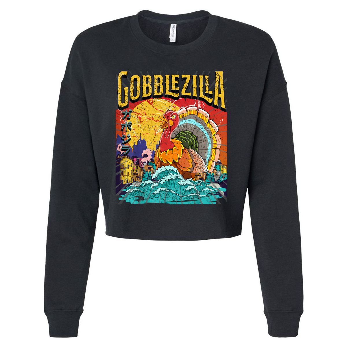 Gobblezila Funny Thanksgiving Monster Movie Spoof Cropped Pullover Crew