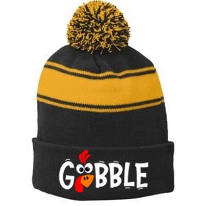 Gobble Funny Turkey Pilgrim Thanksgiving Boys Stripe Pom Pom Beanie