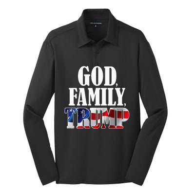 God Family Trump Christian Supporter Voter Gift America Flag Silk Touch Performance Long Sleeve Polo