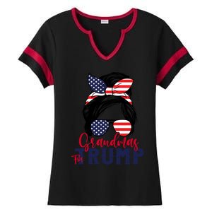 Grandmas For Trump Messy Bun Trump 2024 American Flag Great Gift Ladies Halftime Notch Neck Tee