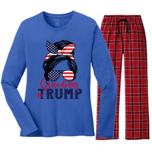 Grandmas For Trump Messy Bun Trump 2024 American Flag Great Gift Women's Long Sleeve Flannel Pajama Set 