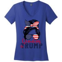 Grandmas For Trump Messy Bun Trump 2024 American Flag Great Gift Women's V-Neck T-Shirt