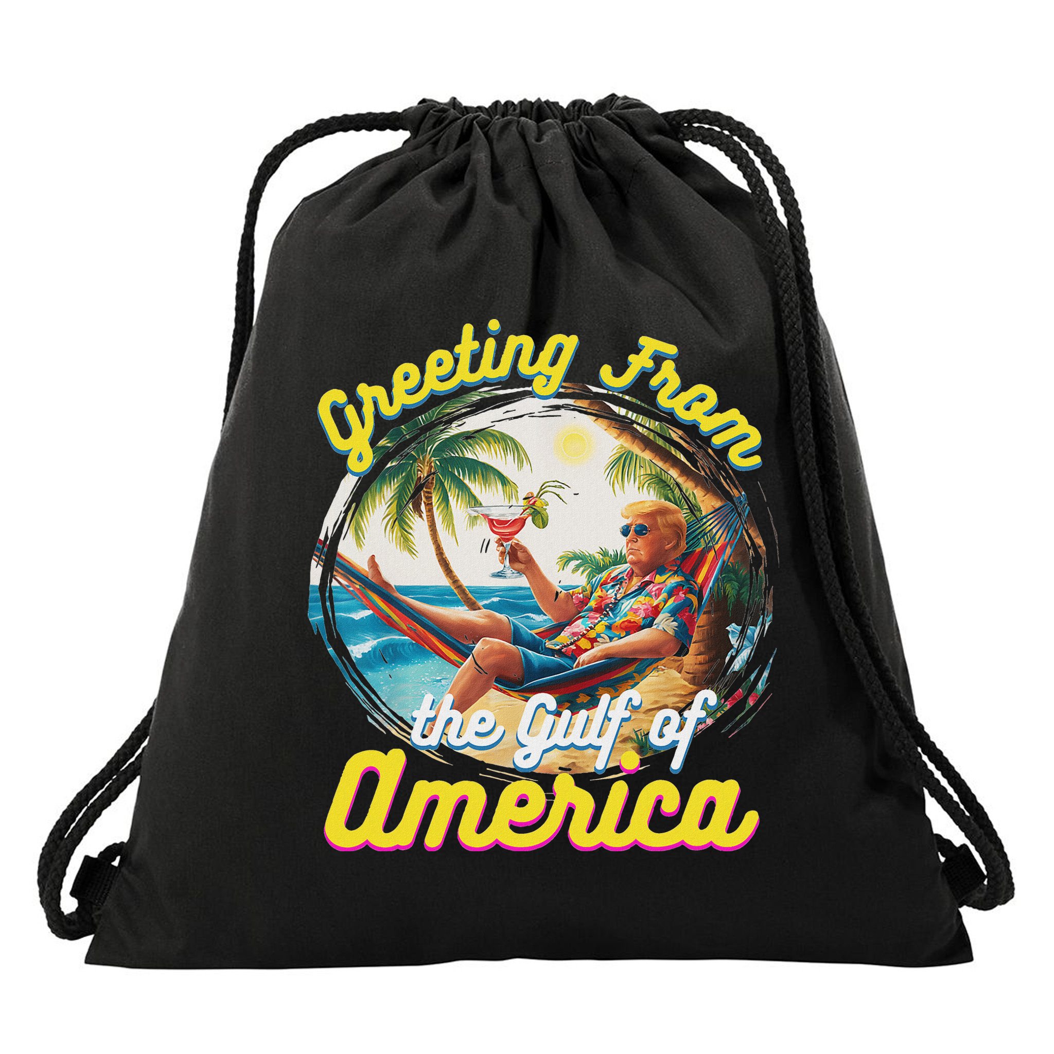 Greeting From The Gulf Of Usa America Trump Drawstring Bag