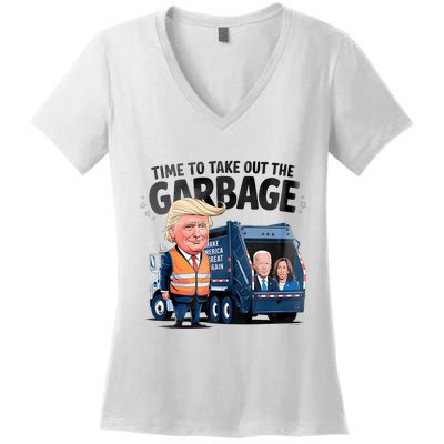 Garbage For Trump 2024 Funny Time To Take Out Garbage Biden Women's V-Neck T-Shirt