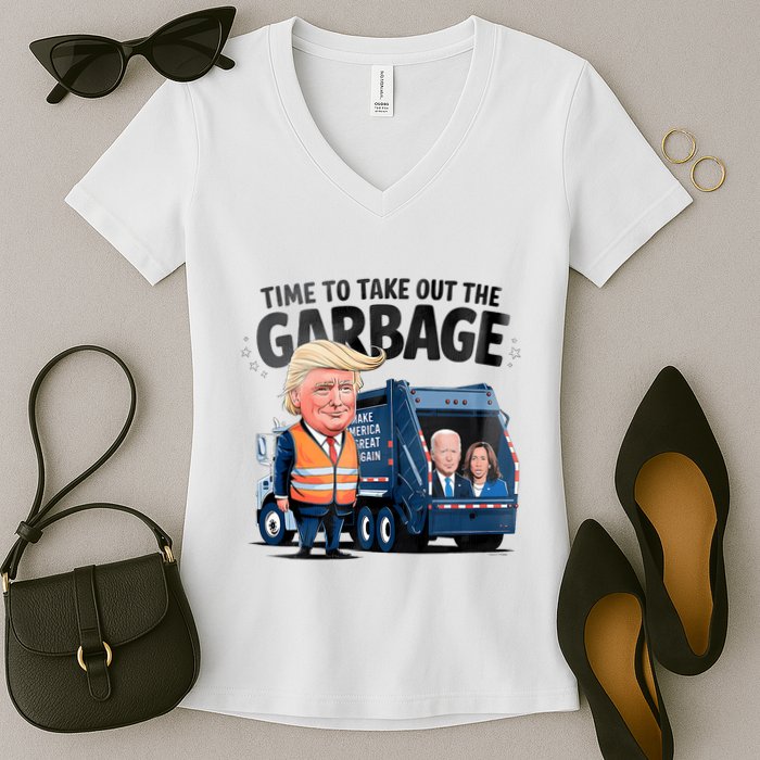 Garbage For Trump 2024 Funny Time To Take Out Garbage Biden Women's V-Neck T-Shirt