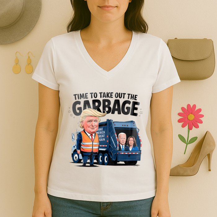 Garbage For Trump 2024 Funny Time To Take Out Garbage Biden Women's V-Neck T-Shirt