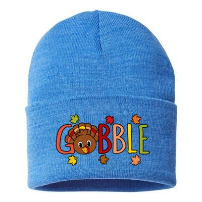 Gobble Funny Turkey Thanksgiving Family Graphic Cute Gift Sustainable Knit Beanie