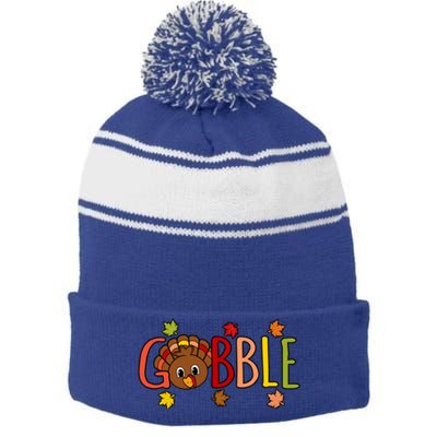 Gobble Funny Turkey Thanksgiving Family Graphic Cute Gift Stripe Pom Pom Beanie