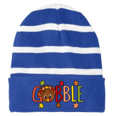 Gobble Funny Turkey Thanksgiving Family Graphic Cute Gift Striped Beanie with Solid Band