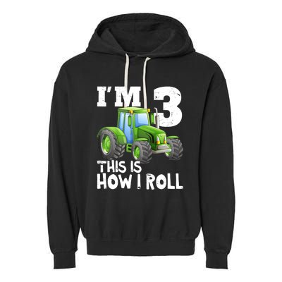 Green Farm Tractor 3rd Birthday Party Gifts 3 Year Old Garment-Dyed Fleece Hoodie