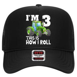 Green Farm Tractor 3rd Birthday Party Gifts 3 Year Old High Crown Mesh Back Trucker Hat