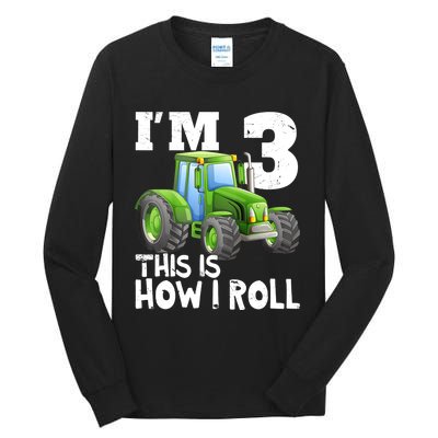 Green Farm Tractor 3rd Birthday Party Gifts 3 Year Old Tall Long Sleeve T-Shirt