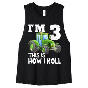 Green Farm Tractor 3rd Birthday Party Gifts 3 Year Old Women's Racerback Cropped Tank