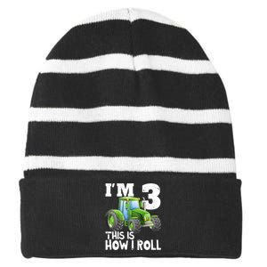 Green Farm Tractor 3rd Birthday Party Gifts 3 Year Old Striped Beanie with Solid Band