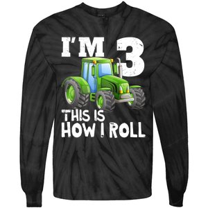 Green Farm Tractor 3rd Birthday Party Gifts 3 Year Old Tie-Dye Long Sleeve Shirt