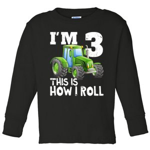 Green Farm Tractor 3rd Birthday Party Gifts 3 Year Old Toddler Long Sleeve Shirt