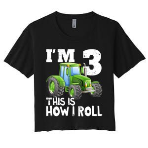 Green Farm Tractor 3rd Birthday Party Gifts 3 Year Old Women's Crop Top Tee