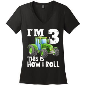 Green Farm Tractor 3rd Birthday Party Gifts 3 Year Old Women's V-Neck T-Shirt