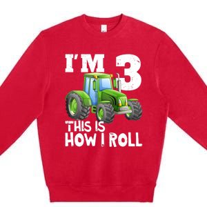 Green Farm Tractor 3rd Birthday Party Gifts 3 Year Old Premium Crewneck Sweatshirt