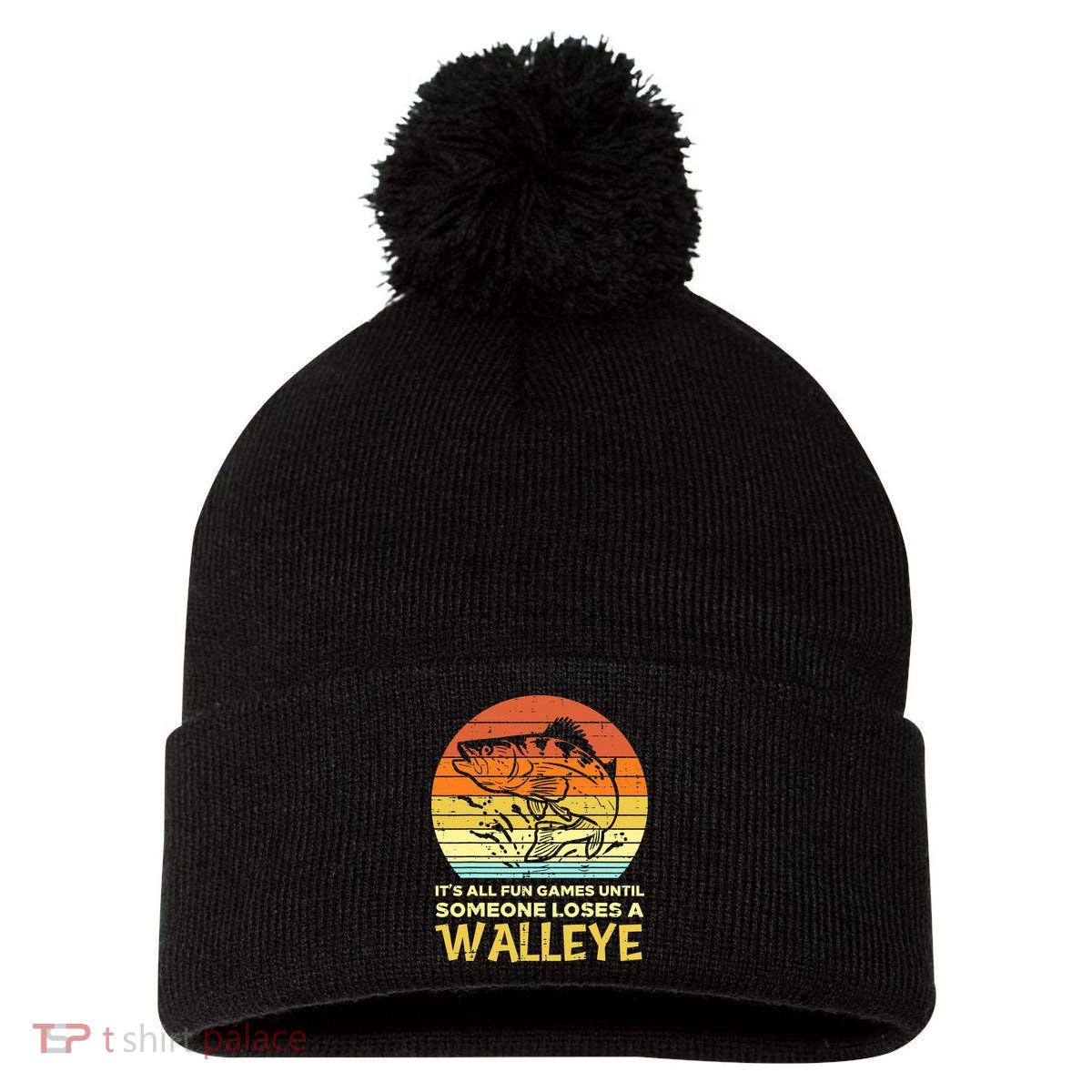 Games Funny Until Someone Loses Walleye Retro Ice Fishing Dad Pom Pom 12in Knit Beanie