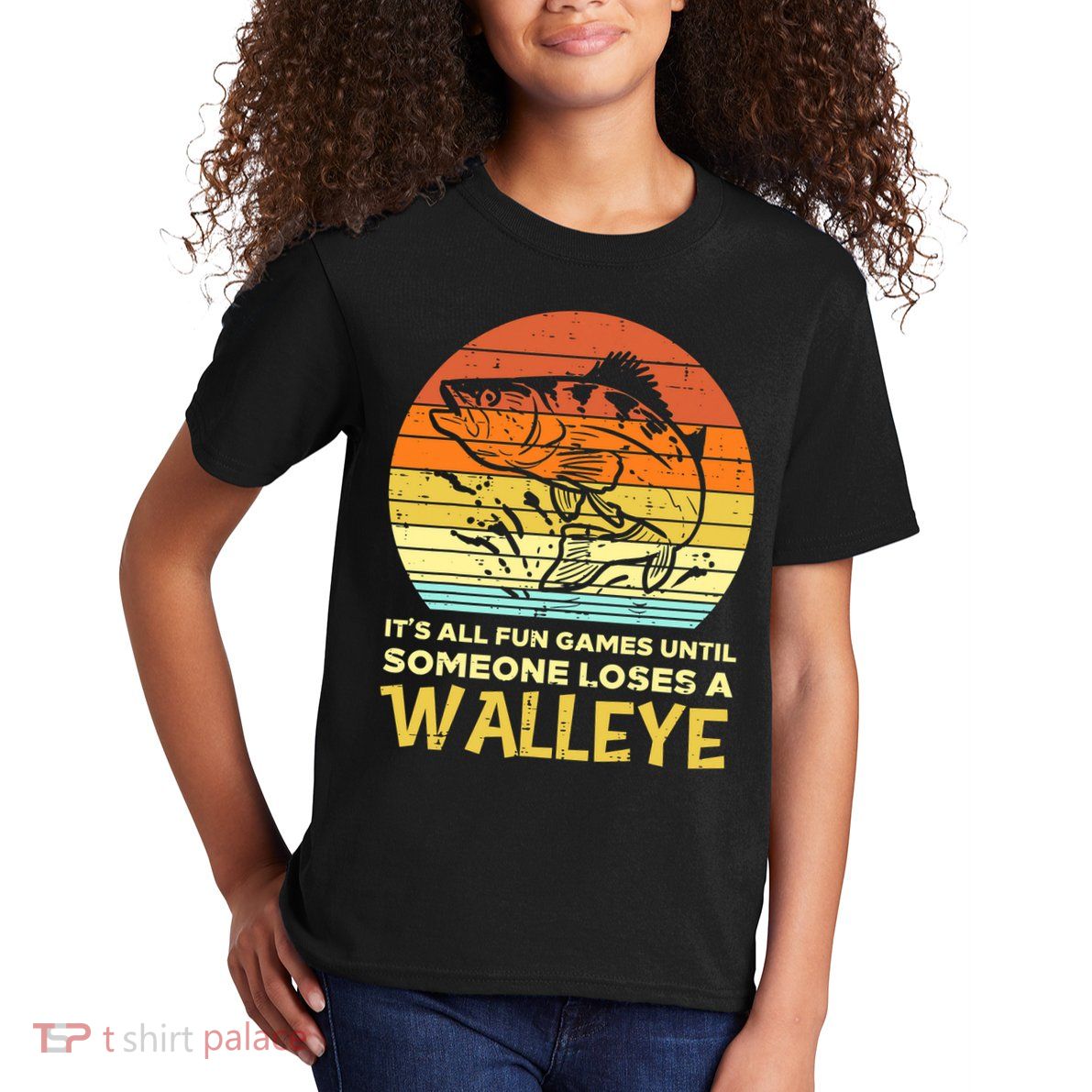 Games Funny Until Someone Loses Walleye Retro Ice Fishing Dad Kids T-Shirt
