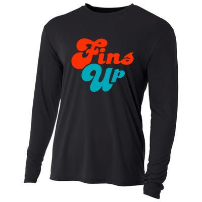 Groovy Fins Up Dolphins Gift For Miami Sport Fan Cooling Performance Long Sleeve Crew