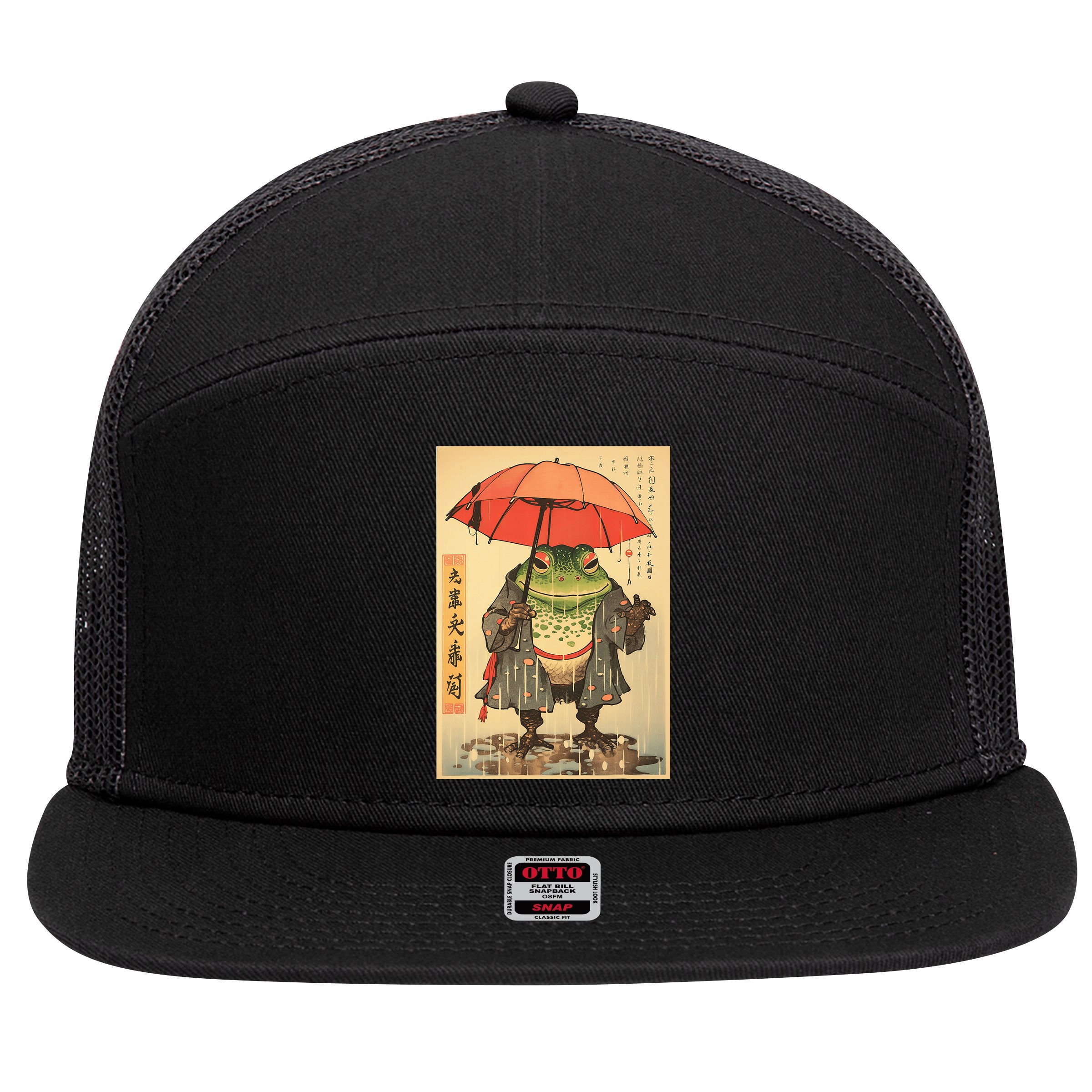 Grumpy Frog Unimpressed Toad Vintage Japanese Aesthetic 7 Panel Mesh Trucker Snapback Hat