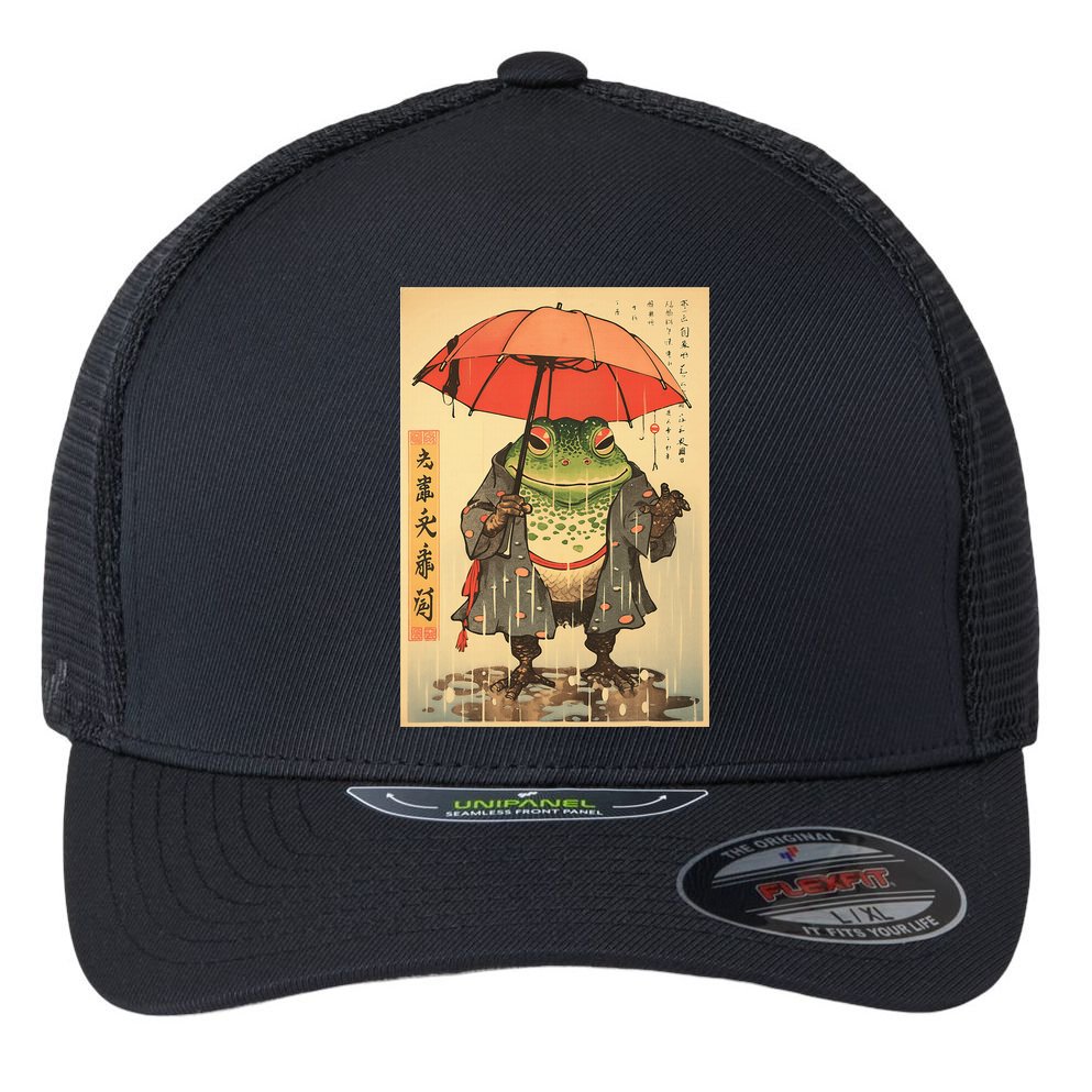 Grumpy Frog Unimpressed Toad Vintage Japanese Aesthetic Flexfit Unipanel Trucker Cap