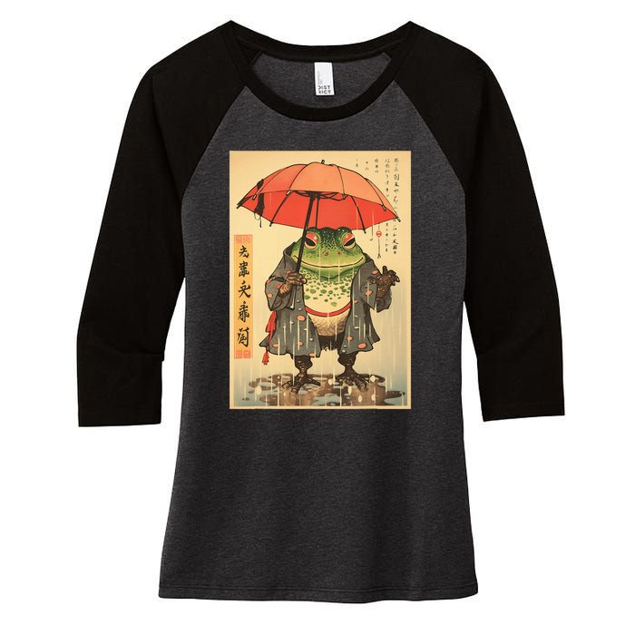 Grumpy Frog Unimpressed Toad Vintage Japanese Aesthetic Women's Tri-Blend 3/4-Sleeve Raglan Shirt