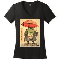 Grumpy Frog Unimpressed Toad Vintage Japanese Aesthetic Women's V-Neck T-Shirt