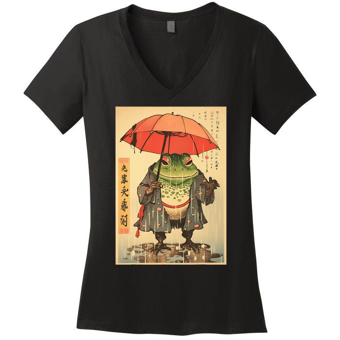 Grumpy Frog Unimpressed Toad Vintage Japanese Aesthetic Women's V-Neck T-Shirt