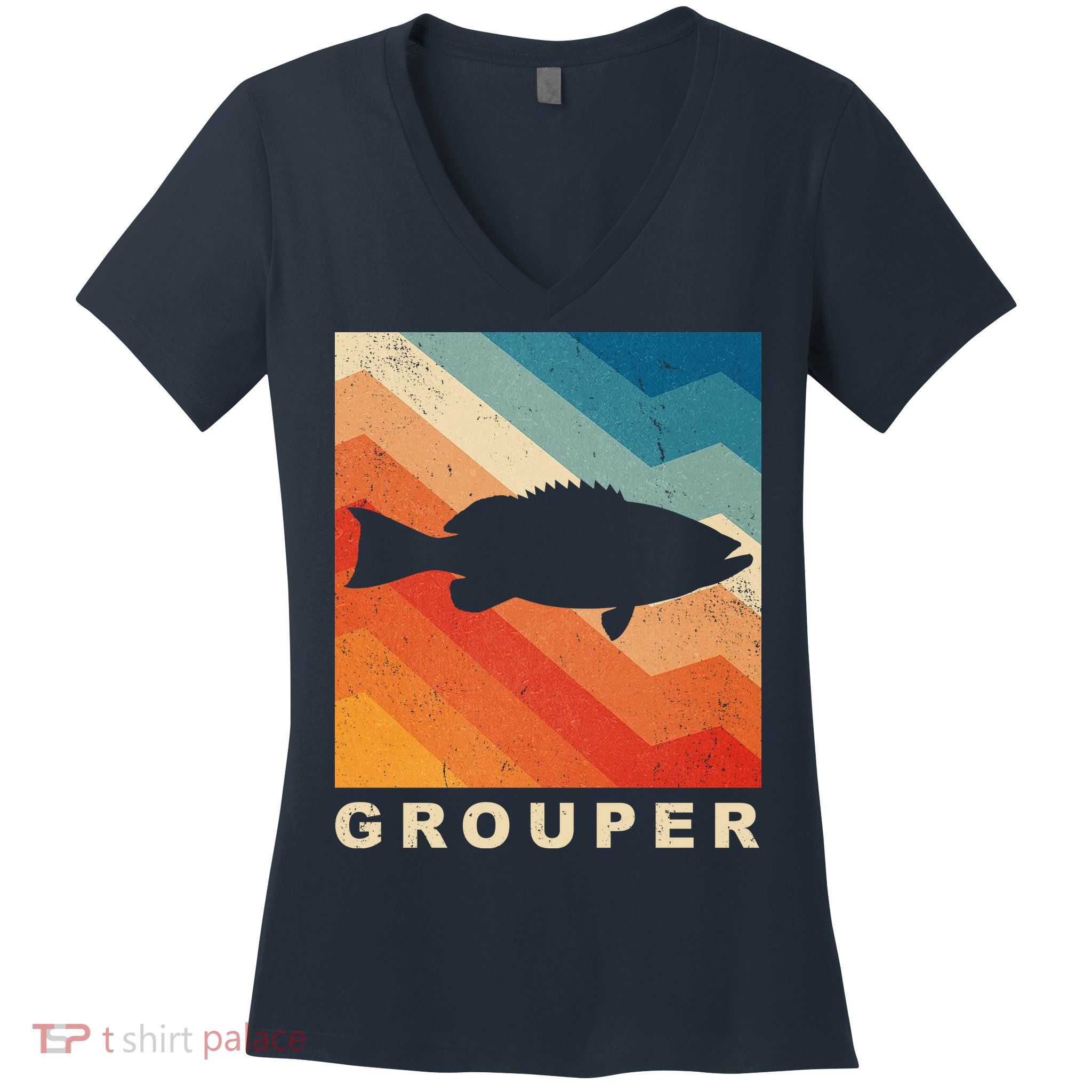 Grouper Fish Vintage Sunset Women's V-Neck T-Shirt