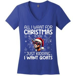 Goat Funny Xmas Santa Hat Sunglasses Snowflakes Goat Lover Gift Women's V-Neck T-Shirt