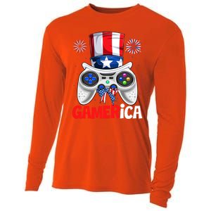 Gamer Gaming 4th Of July Video Game American Flag Gift Cooling Performance Long Sleeve Crew