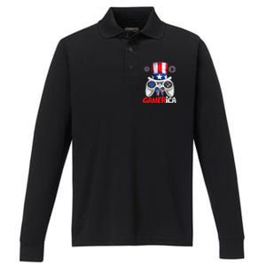 Gamer Gaming 4th Of July Video Game American Flag Gift Performance Long Sleeve Polo