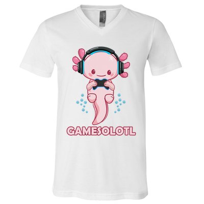 Gamesolotl Gaming Axolotl Playing Video Games Funny V-Neck T-Shirt